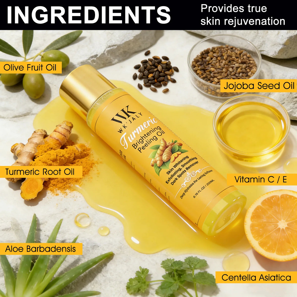 WK JALY Yellow Peeling Oil For All Skin Tone, With Natural Turmeric, Lightening, Improve Rough Skin, Clean, Smooth, 200ml