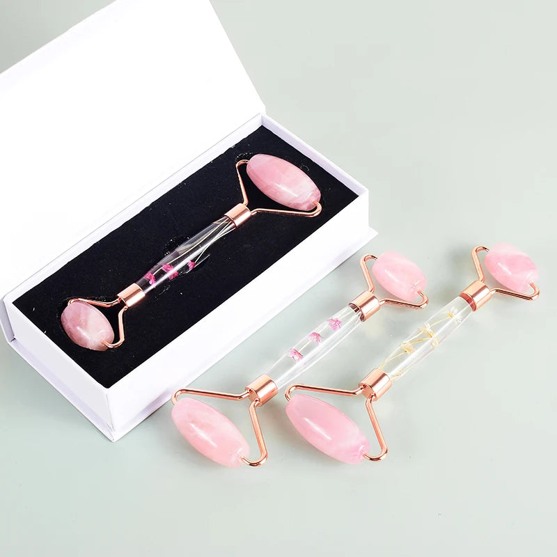 Natural Facial Massager Face Roller Gua Sha Scraper Double Heads Jade Stone Roller Skin Care Rose Quartz Massage for Face Body